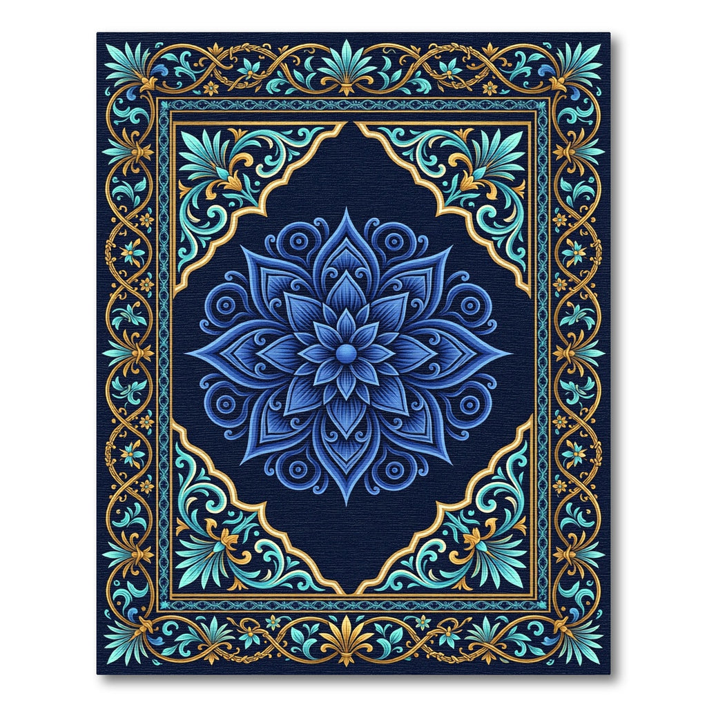 Deep Blue Golden Floral Symmetry Rug