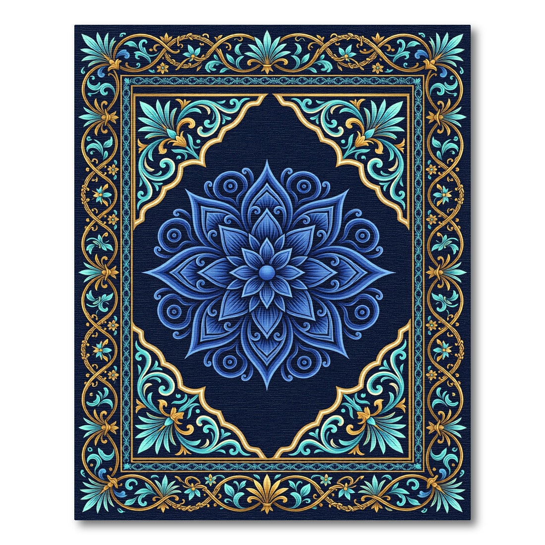 Deep Blue Golden Floral Symmetry Rug