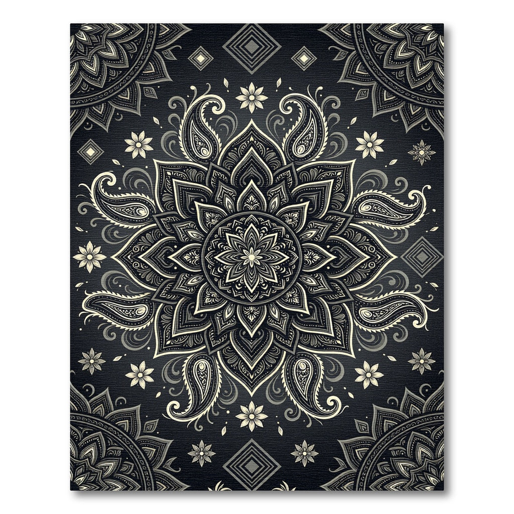 Elegant Monochrome Paisley Floral Mandala Rug