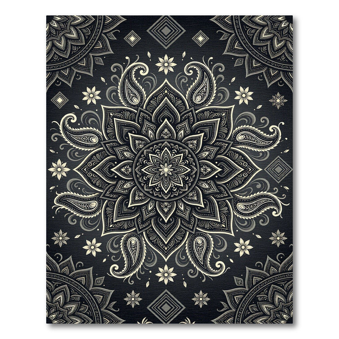 Elegant Monochrome Paisley Floral Mandala Rug