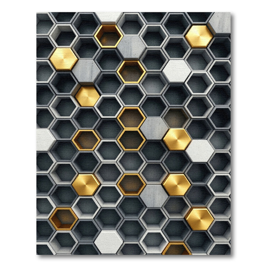 Modern Metallic Gold Gray Hexagonal Grid Rug