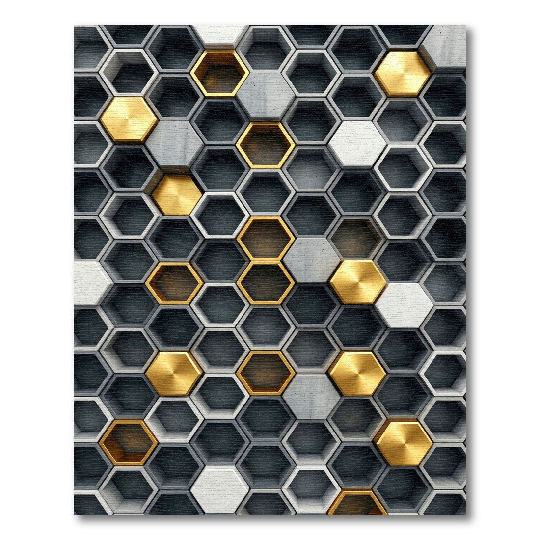Modern Metallic Gold Gray Hexagonal Grid Rug