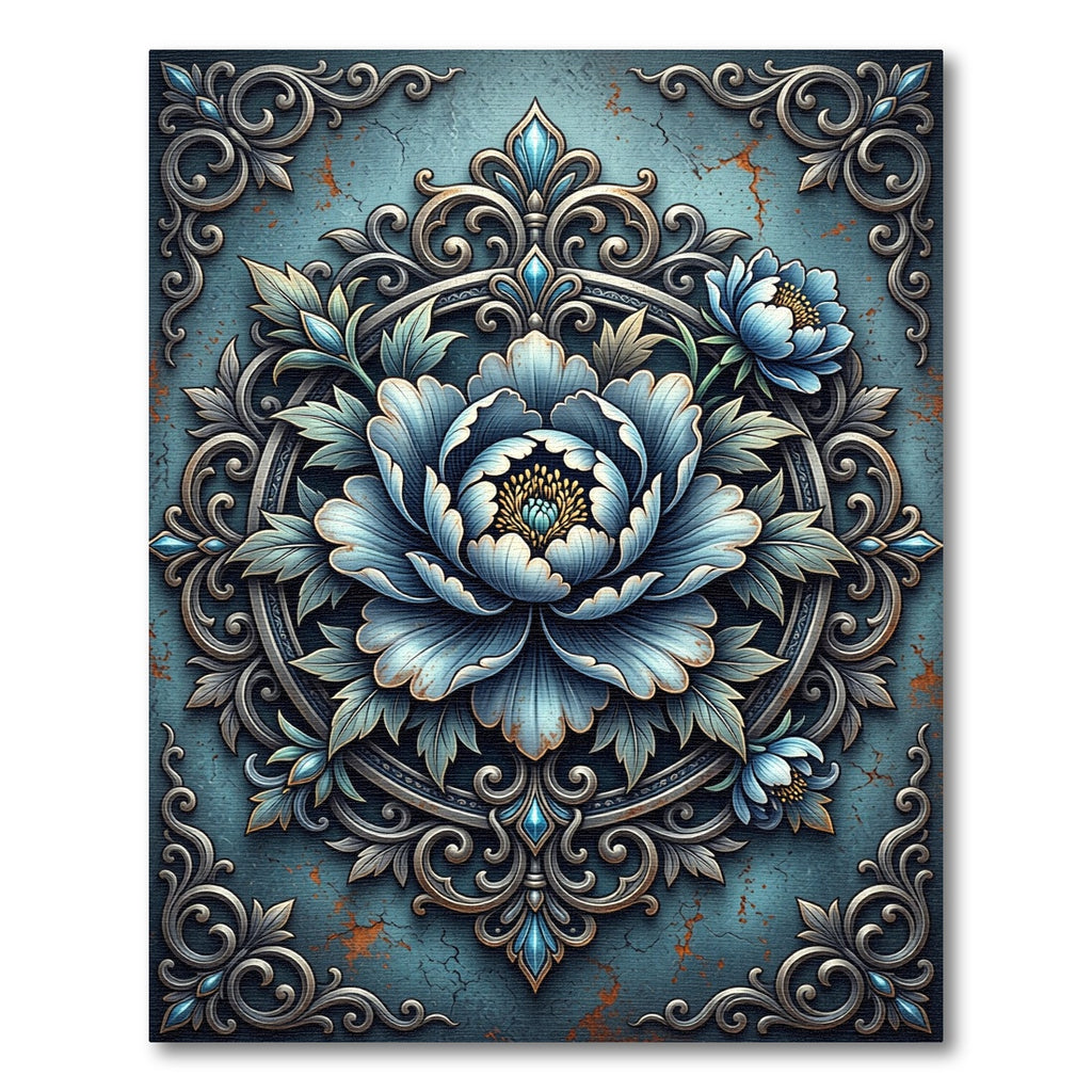 Ornate Blue Peony Filigree Round Medallion Rug