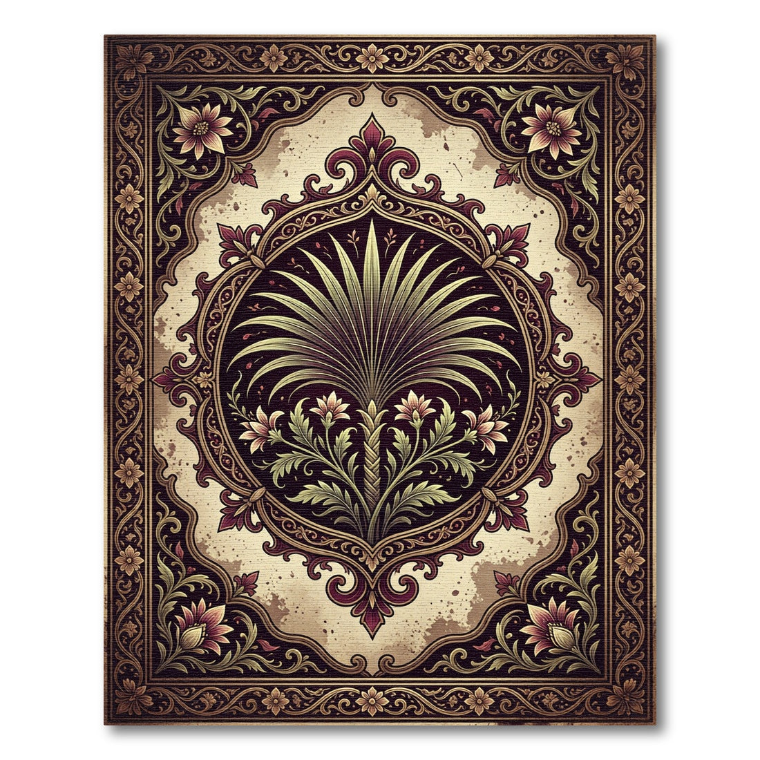 Ornate Floral Palm Medallion Deep Umber Rug