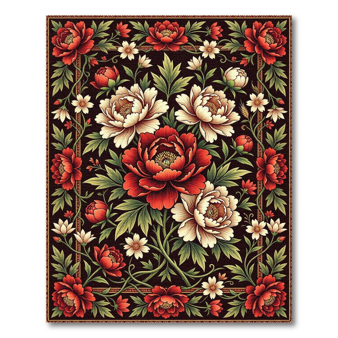 Rich Crimson and Cream Floral Vines Rug