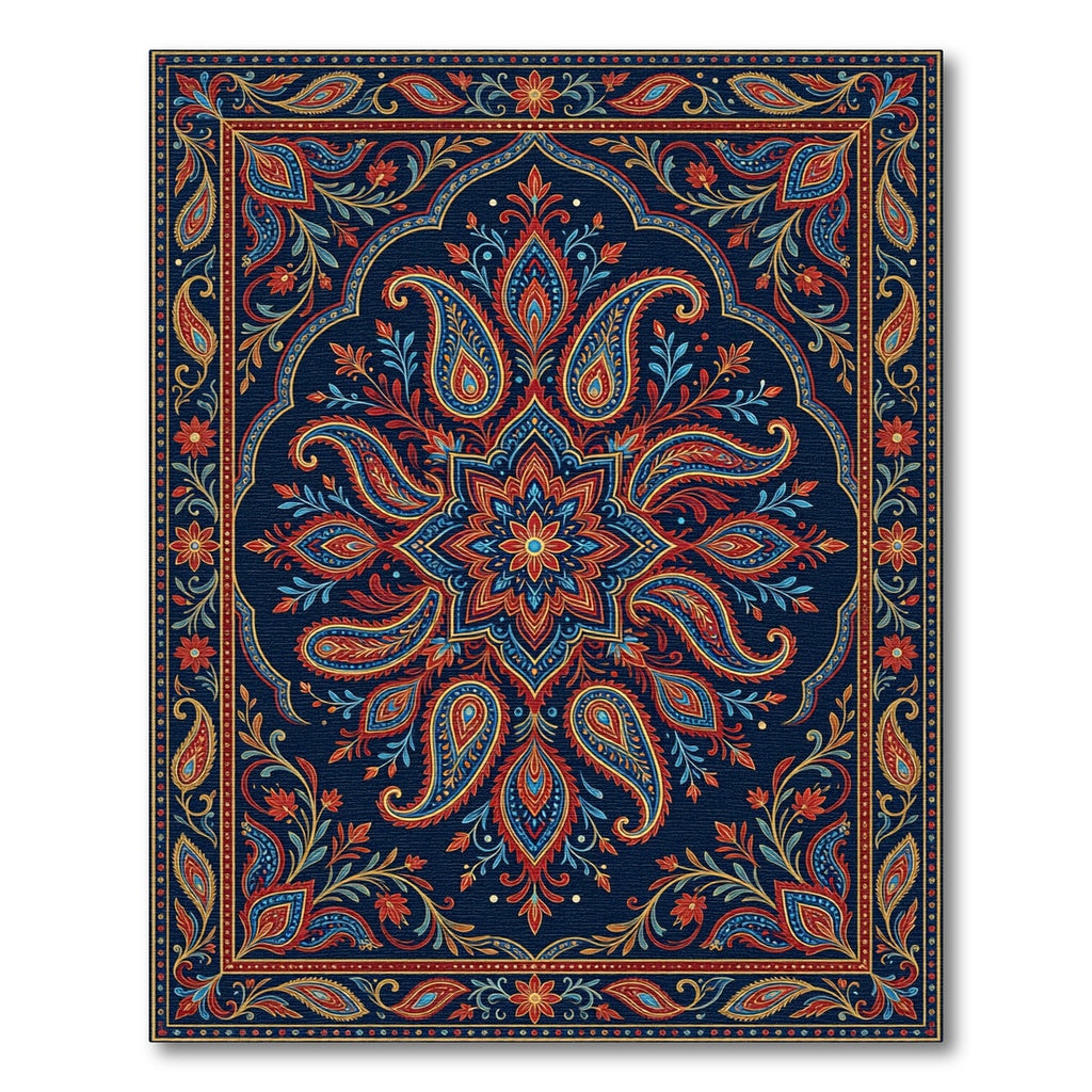 Rich Crimson Blue Paisley Medallion Rug