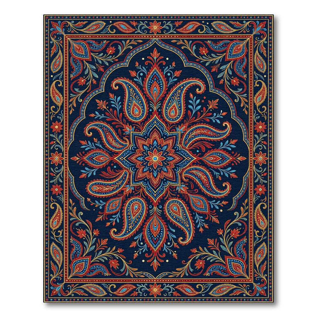 Rich Crimson Blue Paisley Medallion Rug