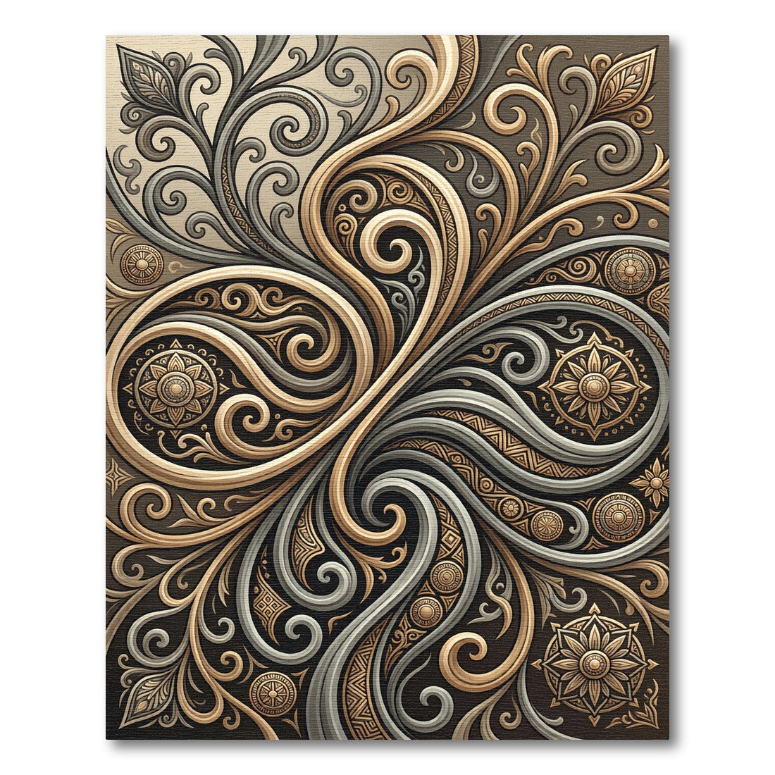 Elegant Gold and Taupe Swirling Scroll Rug
