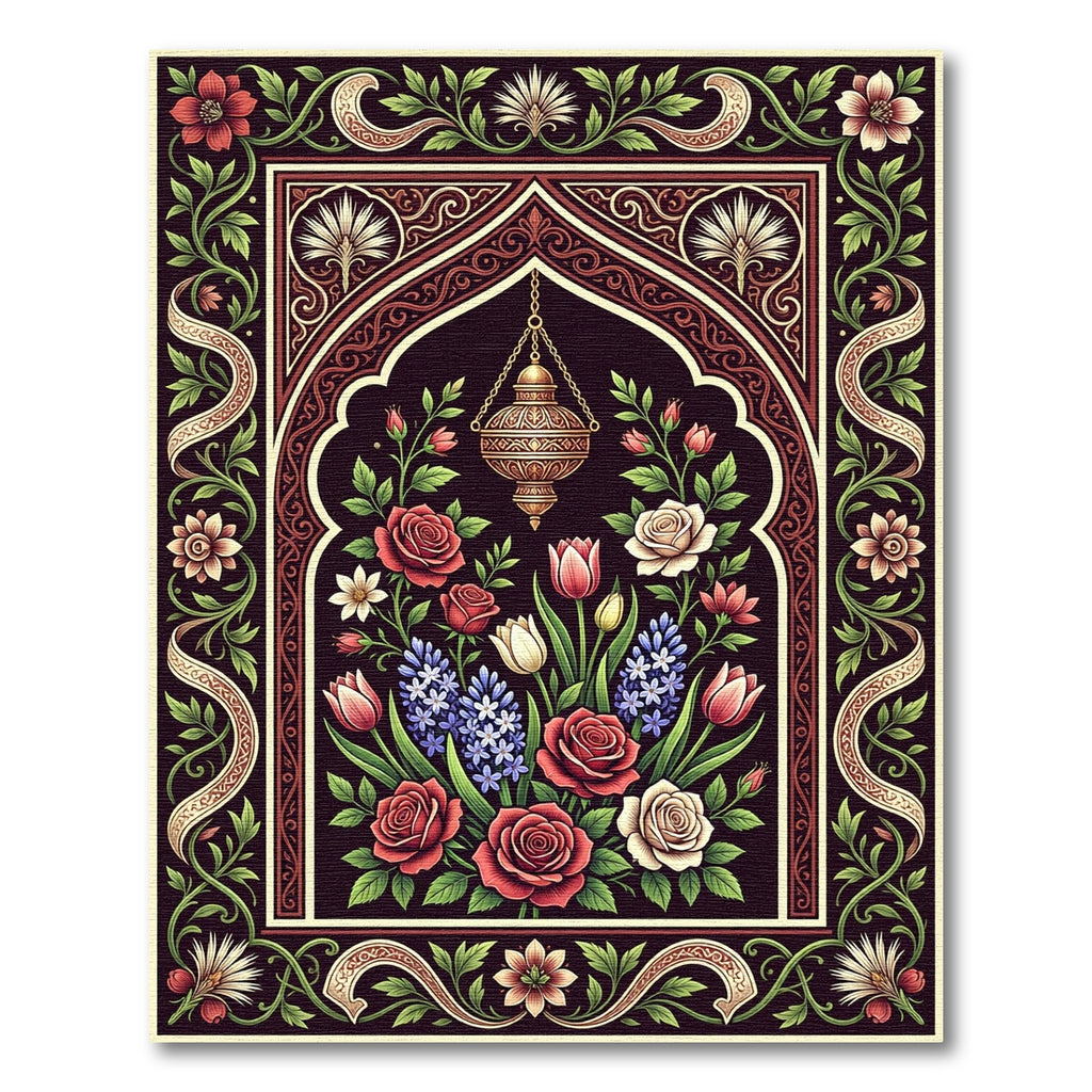 Ornate Floral Arch with Golden Lantern Rug