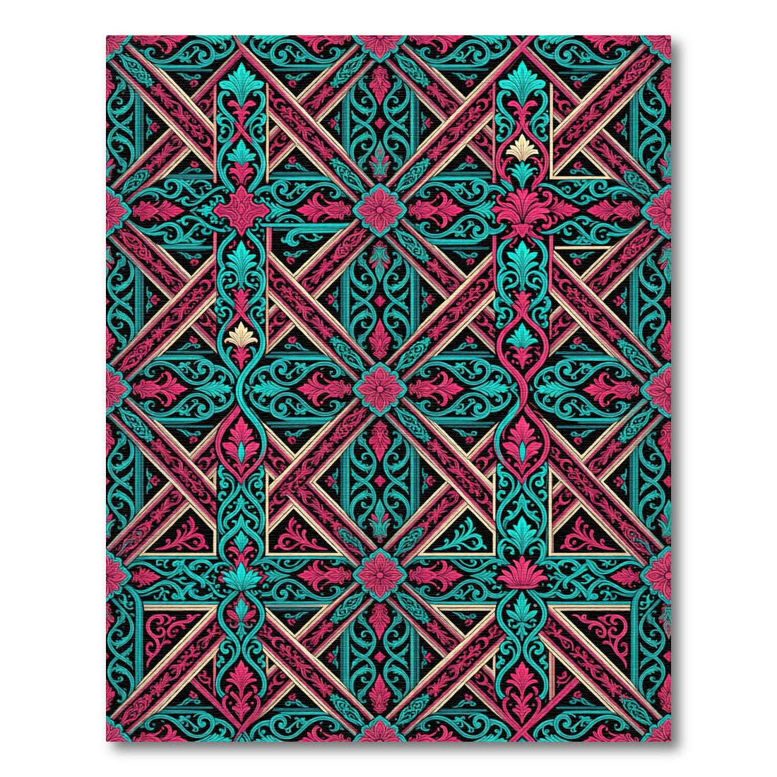 Teal Magenta Lattice Floral Swirl Rug