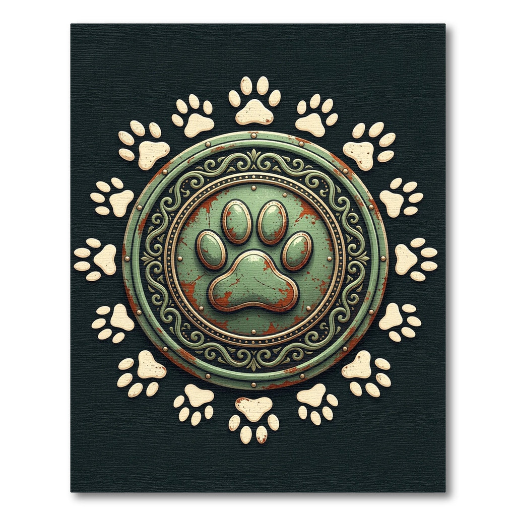 Rustic Green Paw Medallion Emblem Rug