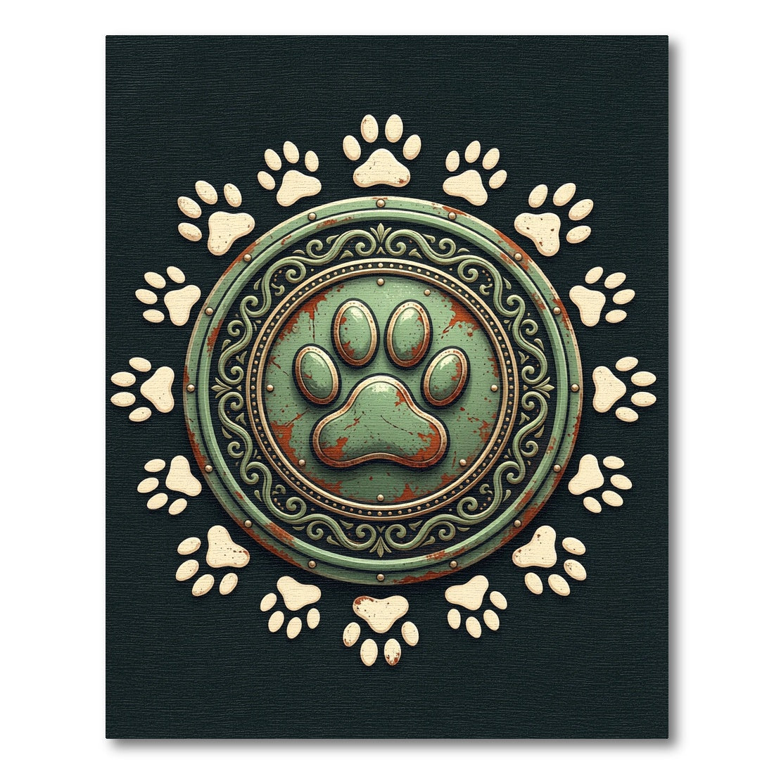 Rustic Green Paw Medallion Emblem Rug