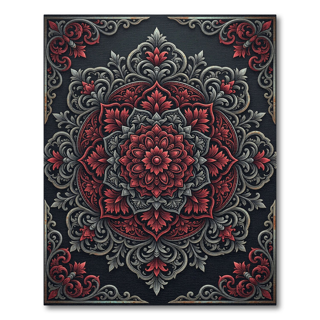 Ornate Crimson and Slate Floral Medallion Rug