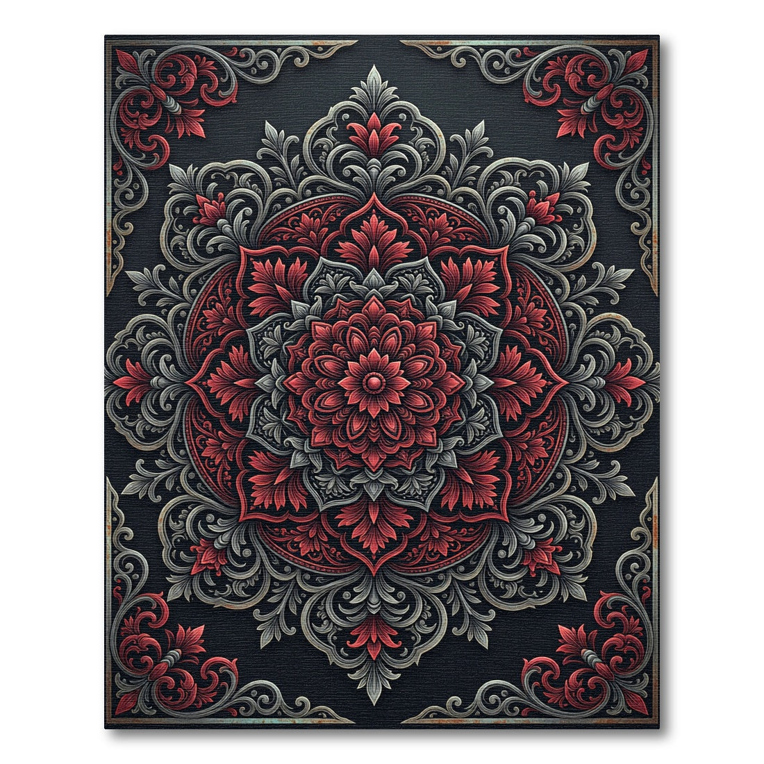 Ornate Crimson and Slate Floral Medallion Rug