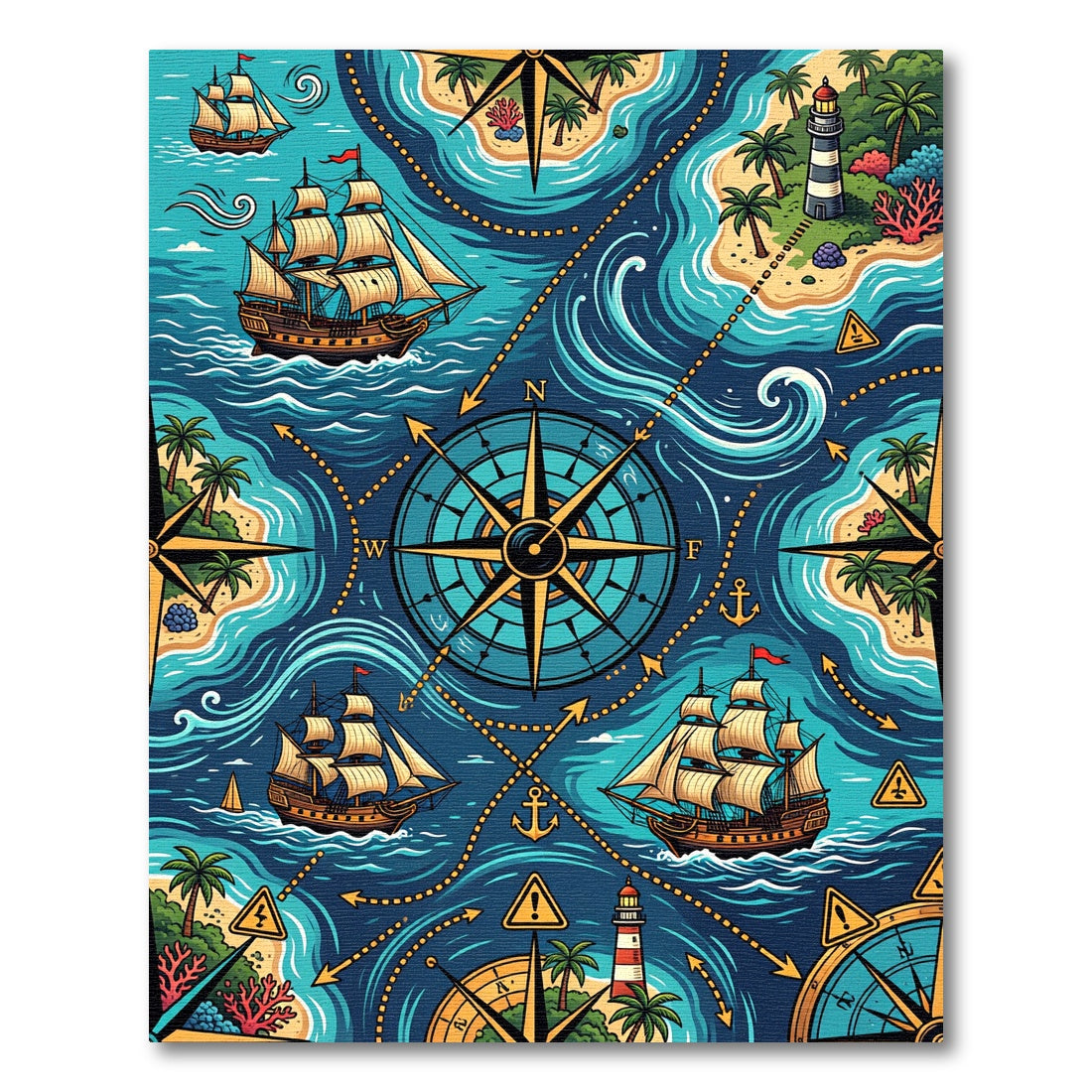 Nautical Compass Marine Blue Sailing Map Rug