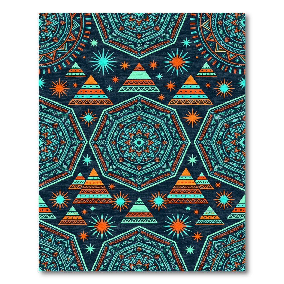 Vibrant Teal and Orange Geometric Boho Starry Hexagon Rug
