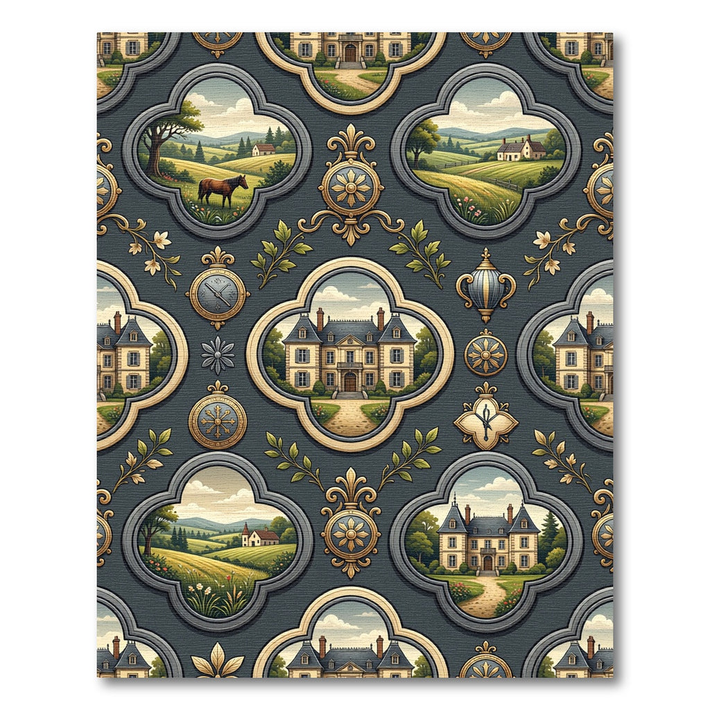 Ornate Manor Estate Landscape Medallion Rug