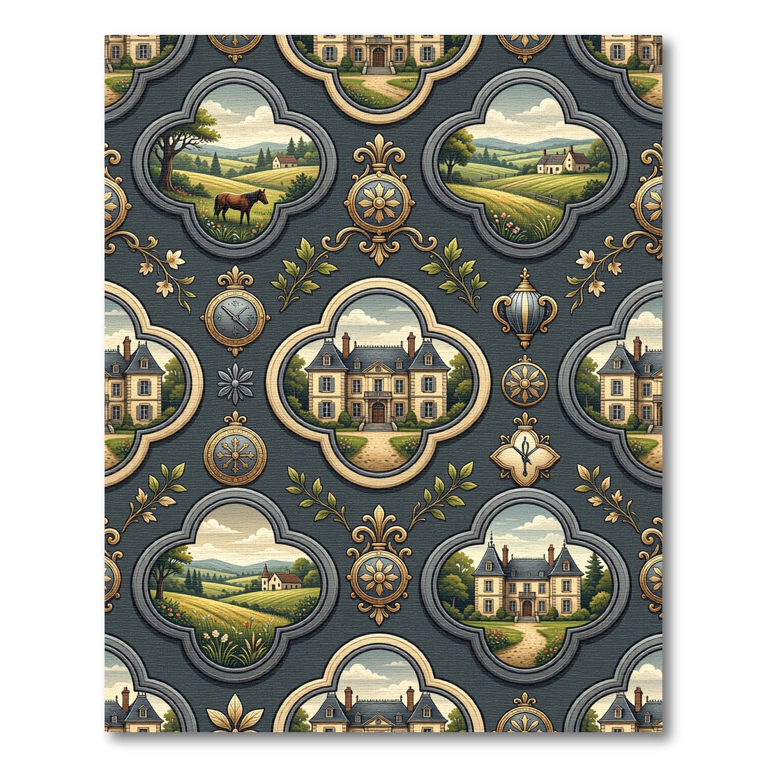 Ornate Manor Estate Landscape Medallion Rug