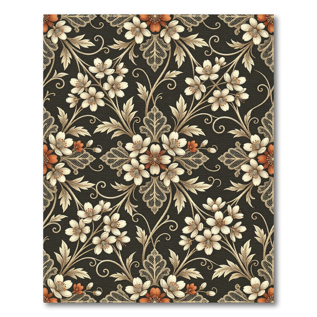 Cream Floral Lace Swirls Dark Background Rug