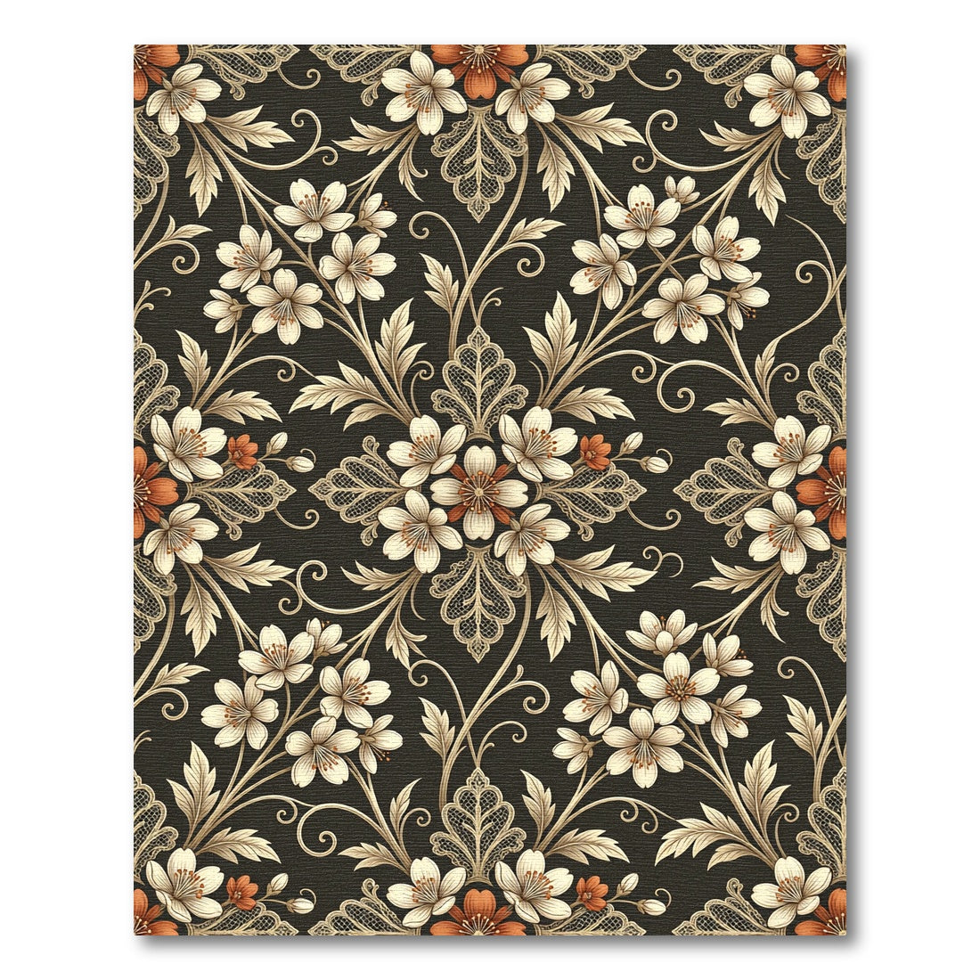 Cream Floral Lace Swirls Dark Background Rug