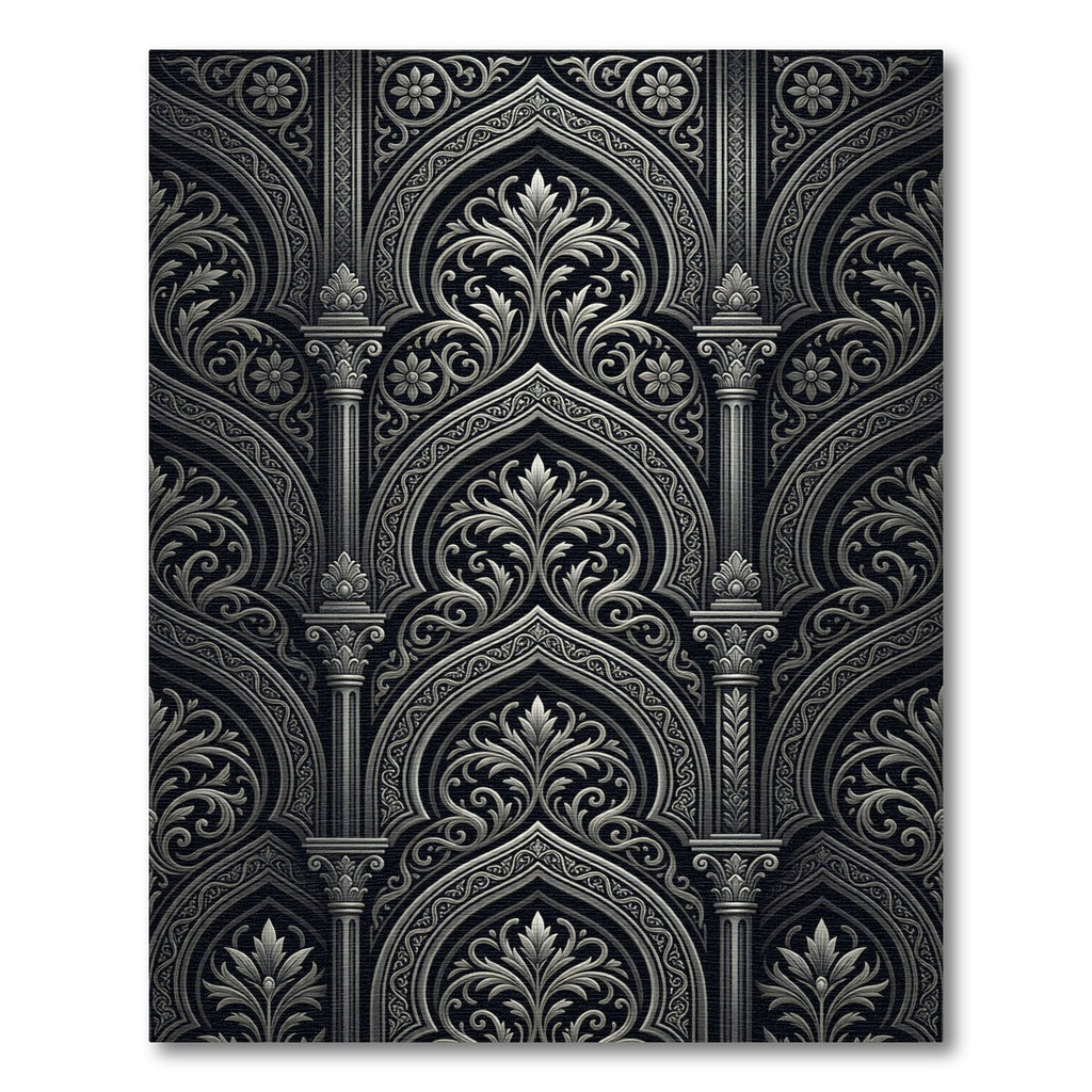 Ornate Black Silver Floral Arch Rug