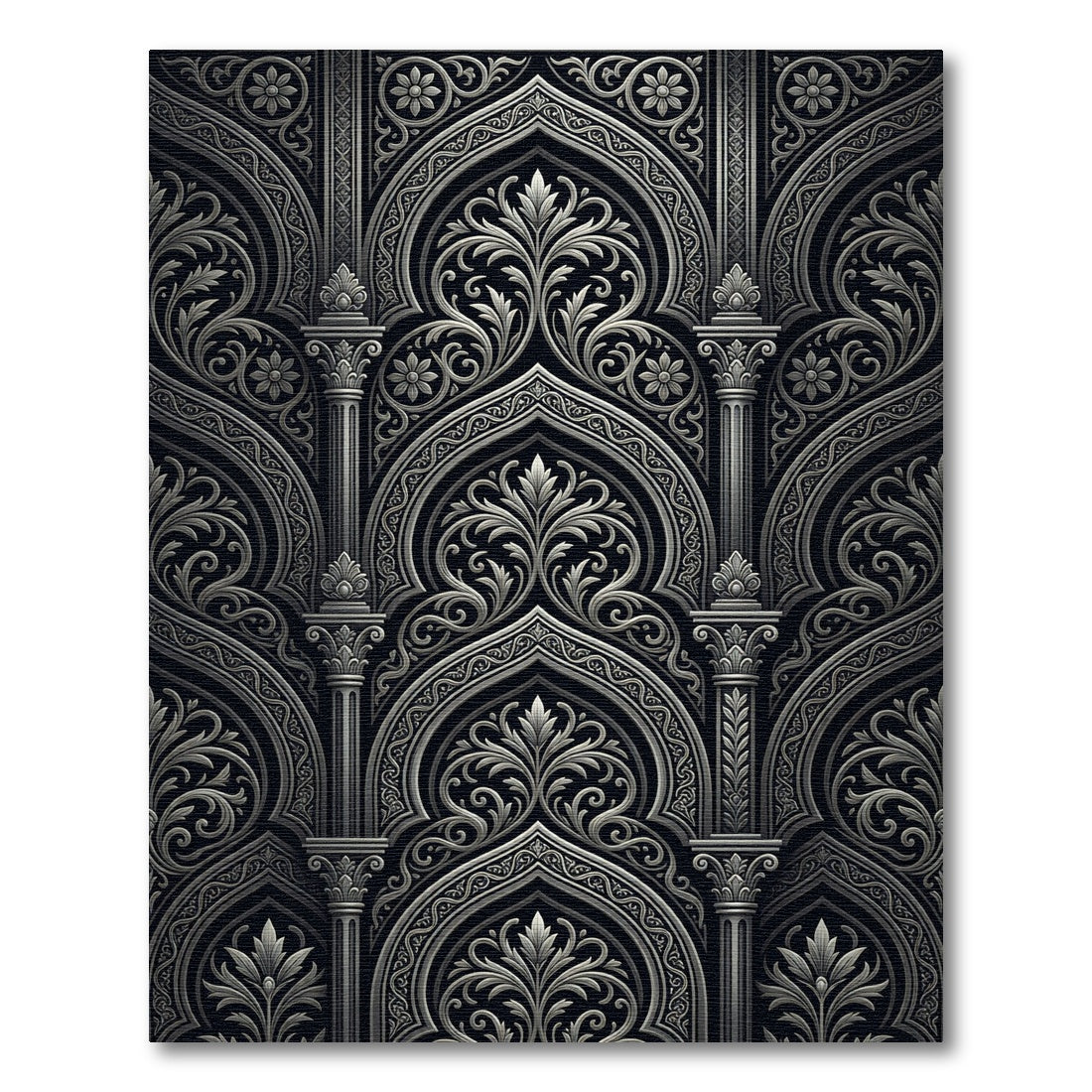 Ornate Black Silver Floral Arch Rug