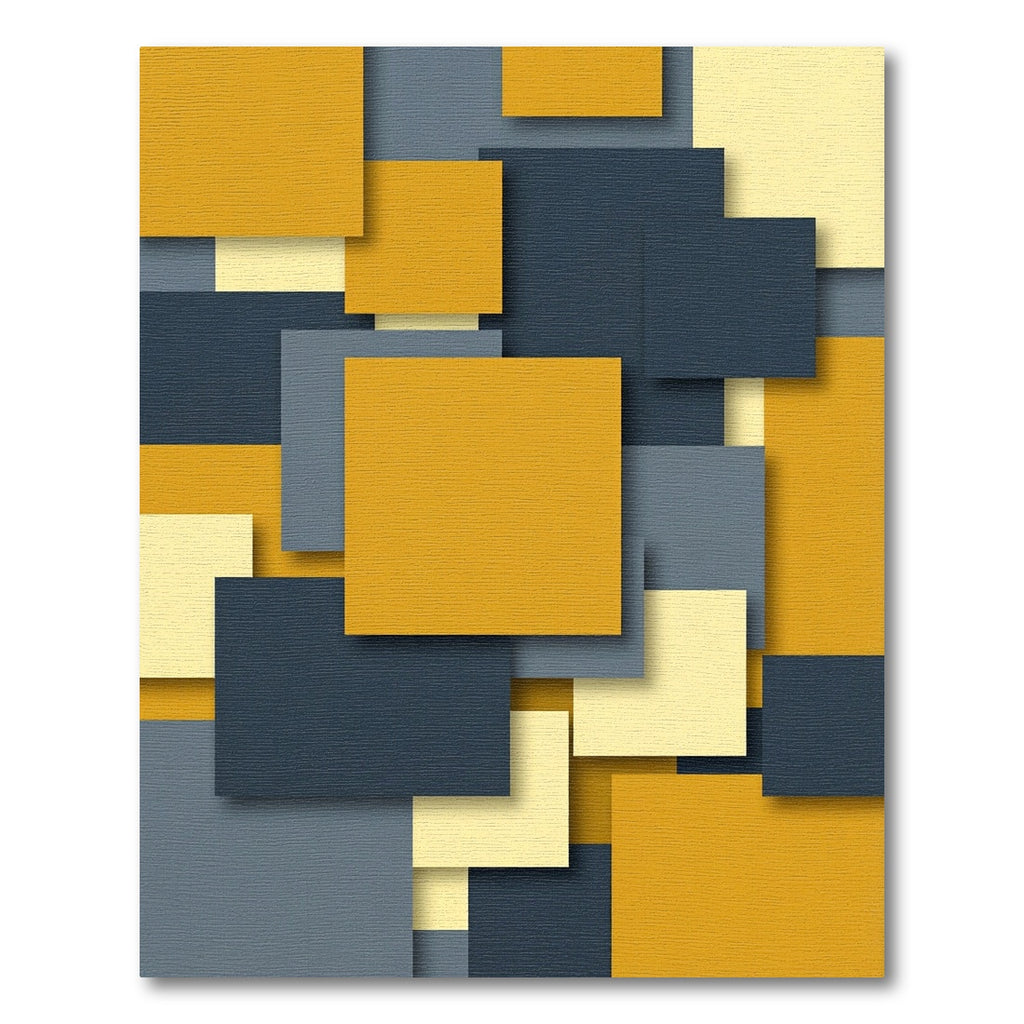 Modern Mustard Blue Geometric Layered Block Rug