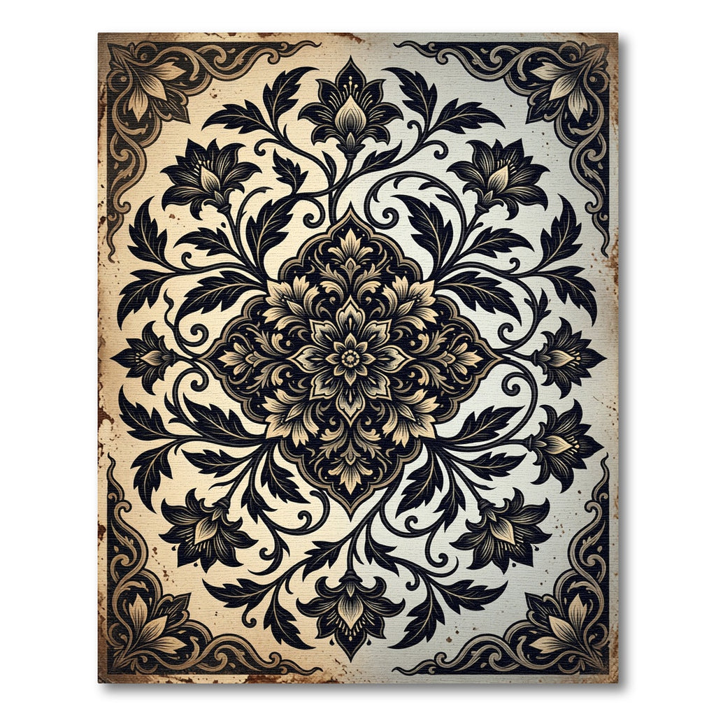Ornate Ebony Beige Floral Crest Rug