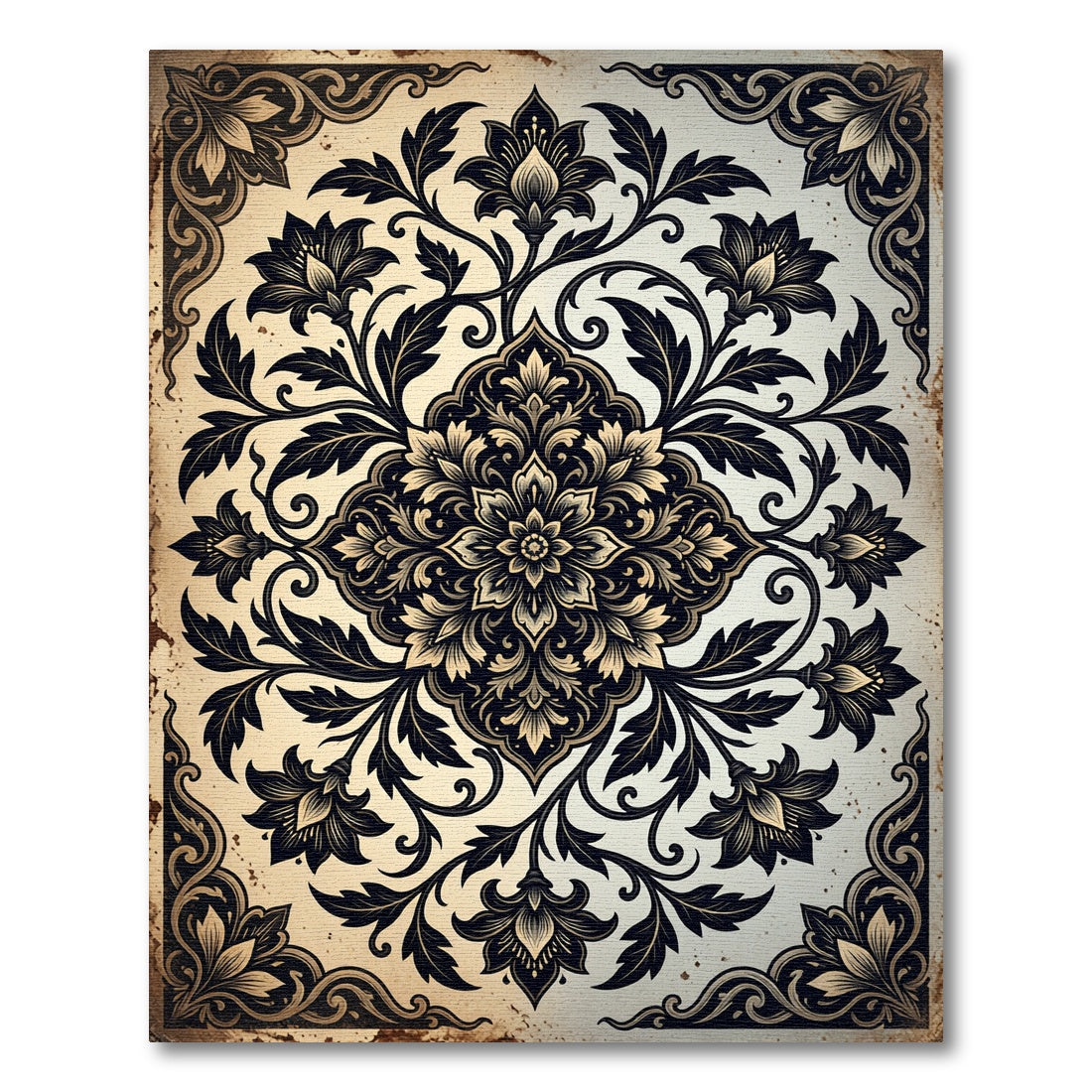 Ornate Ebony Beige Floral Crest Rug