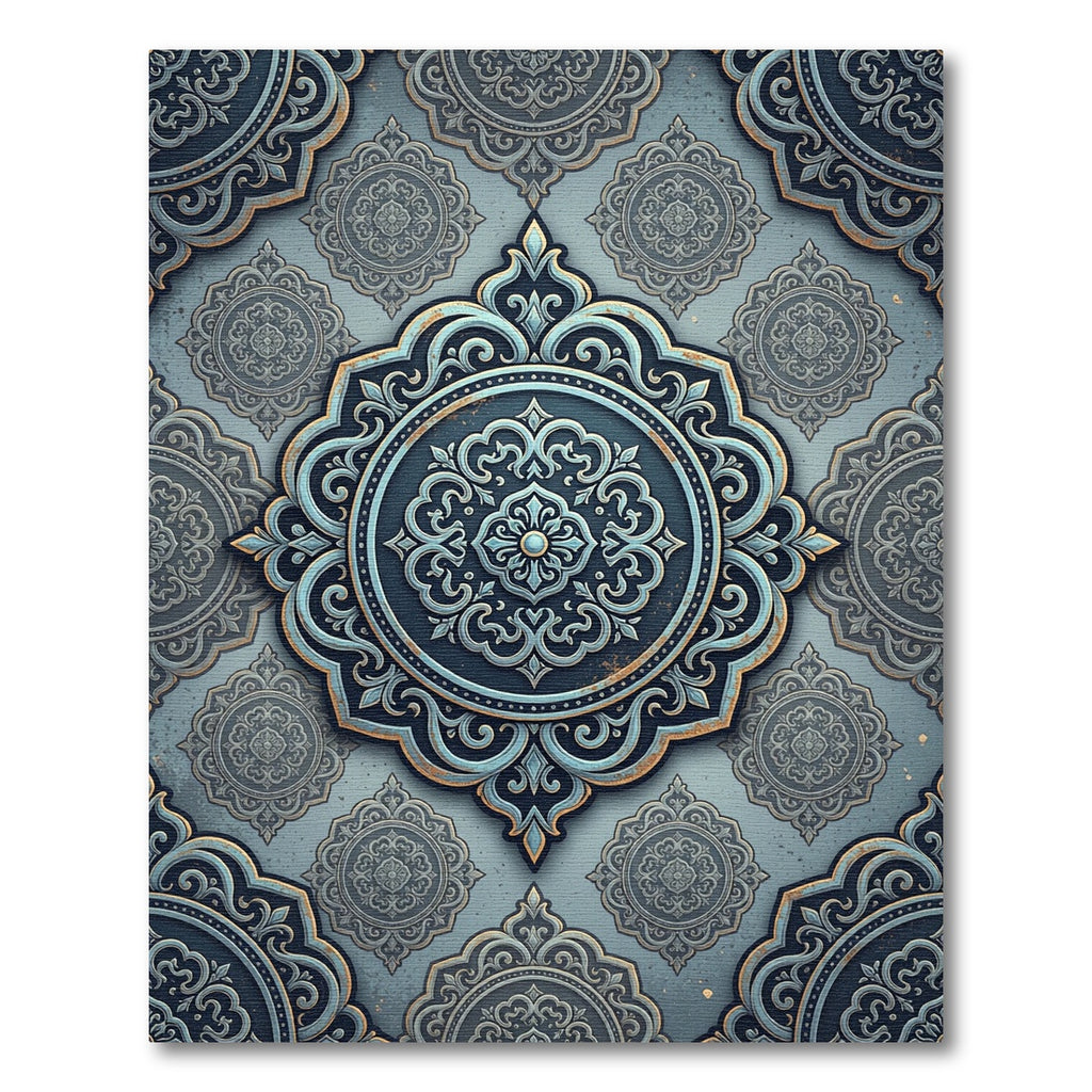 Sophisticated Slate Blue Ornate Medallion Rug