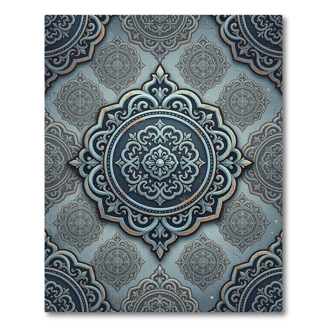 Sophisticated Slate Blue Ornate Medallion Rug