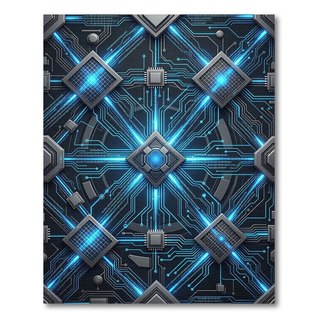 Futuristic Blue Neon Circuit Board Geometric Rug