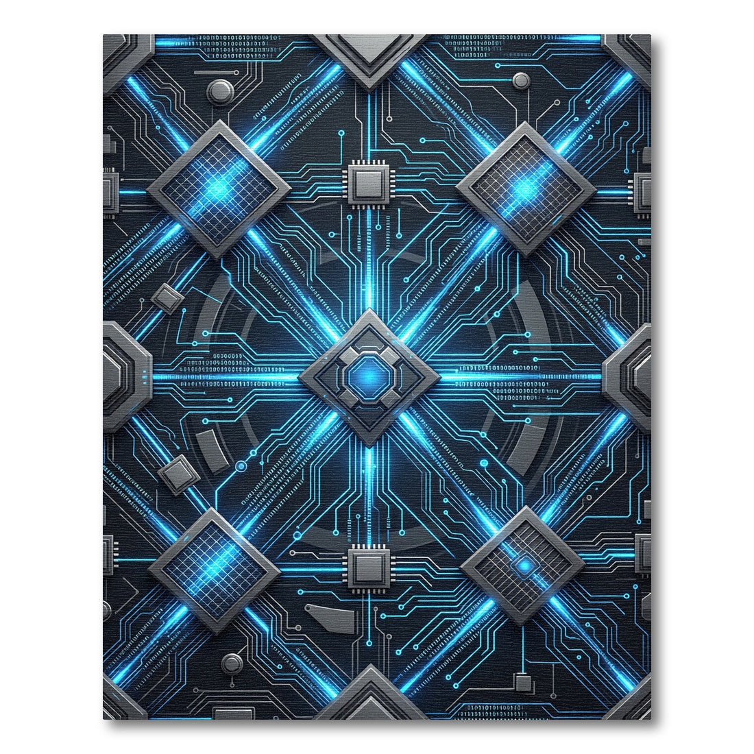 Futuristic Blue Neon Circuit Board Geometric Rug