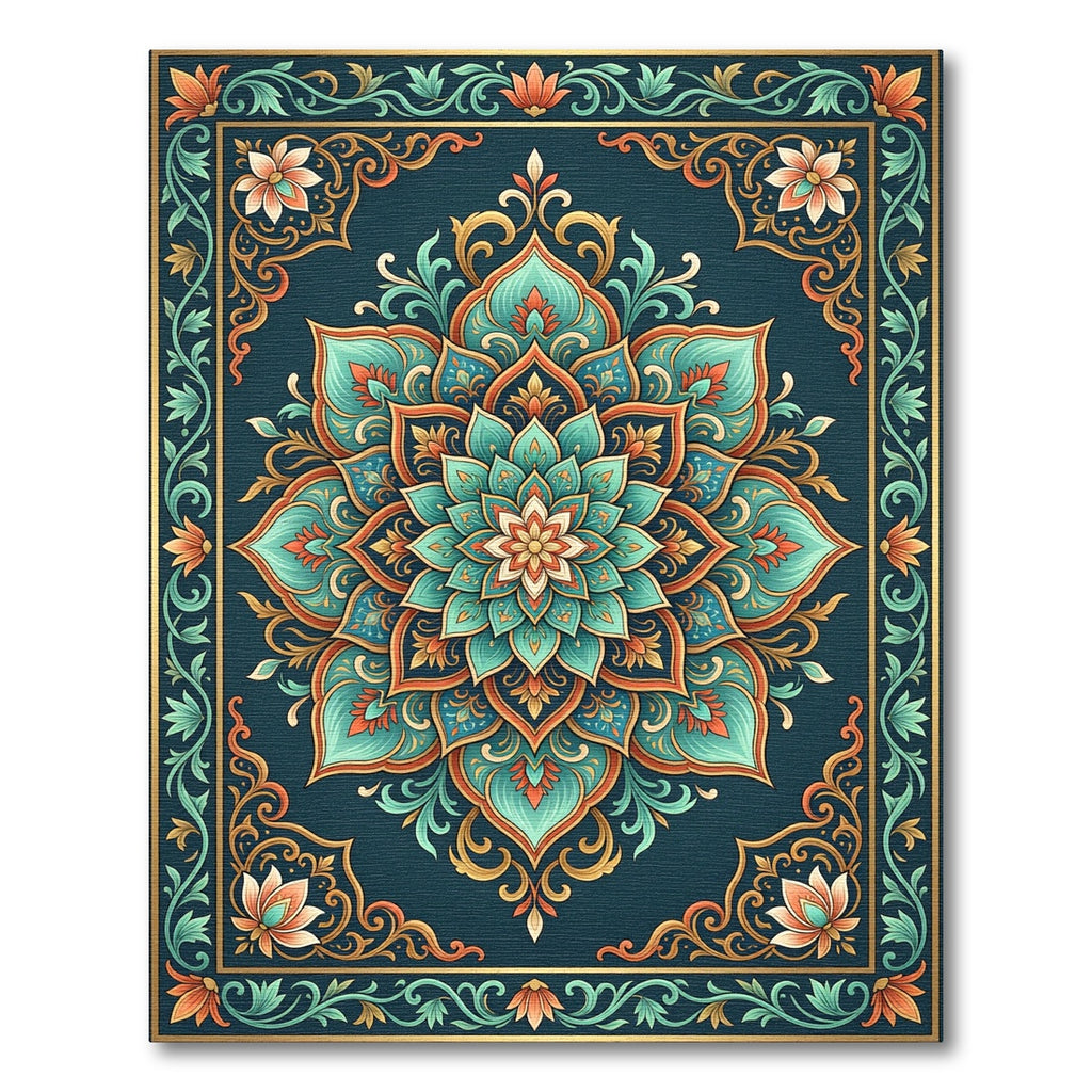 Teal Mandala Bloom with Golden Foliage Rug