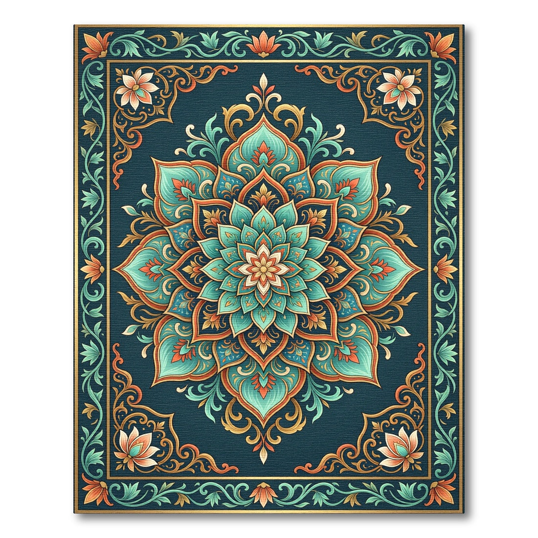 Teal Mandala Bloom with Golden Foliage Rug