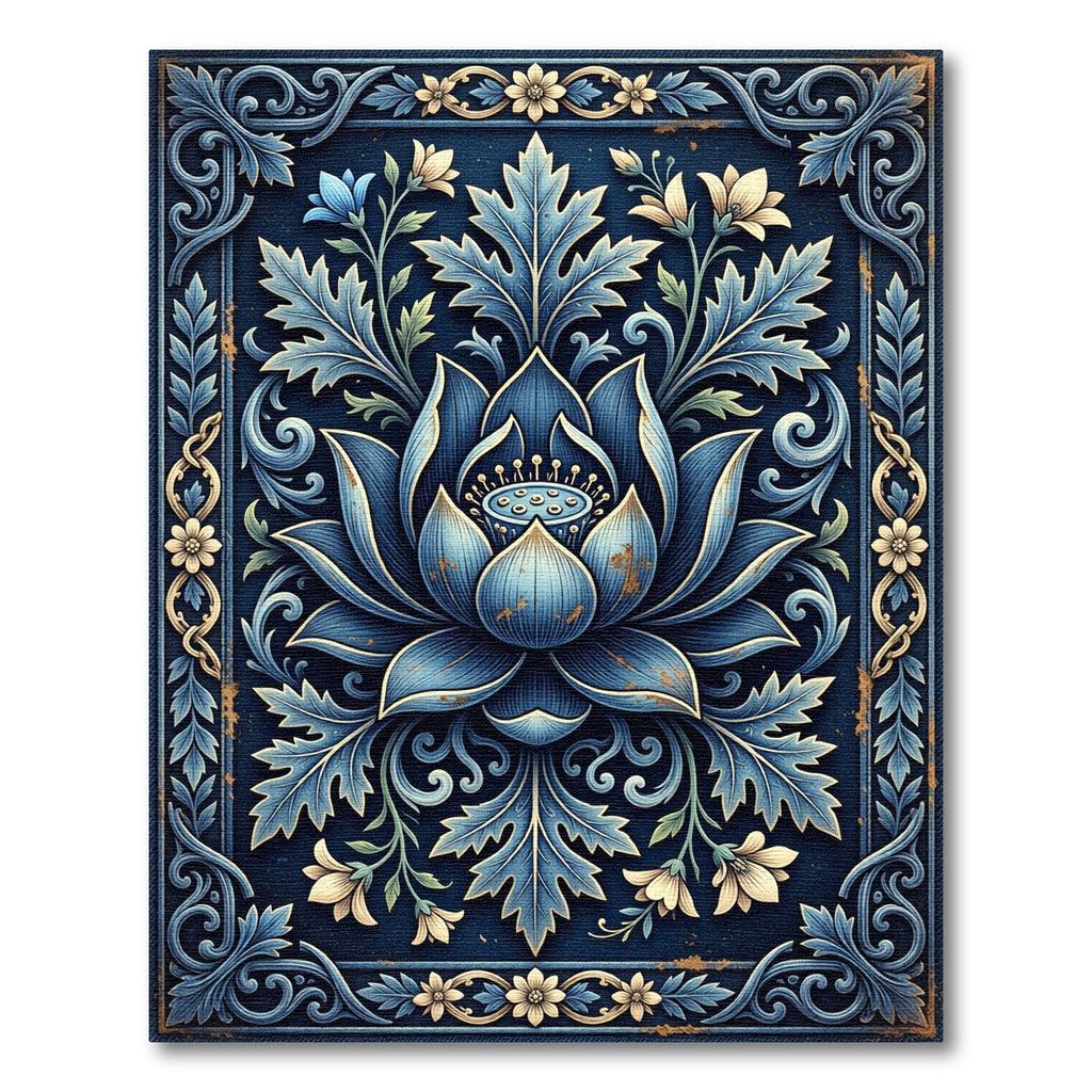 Ornate Navy Lotus Botanical Scroll Rug