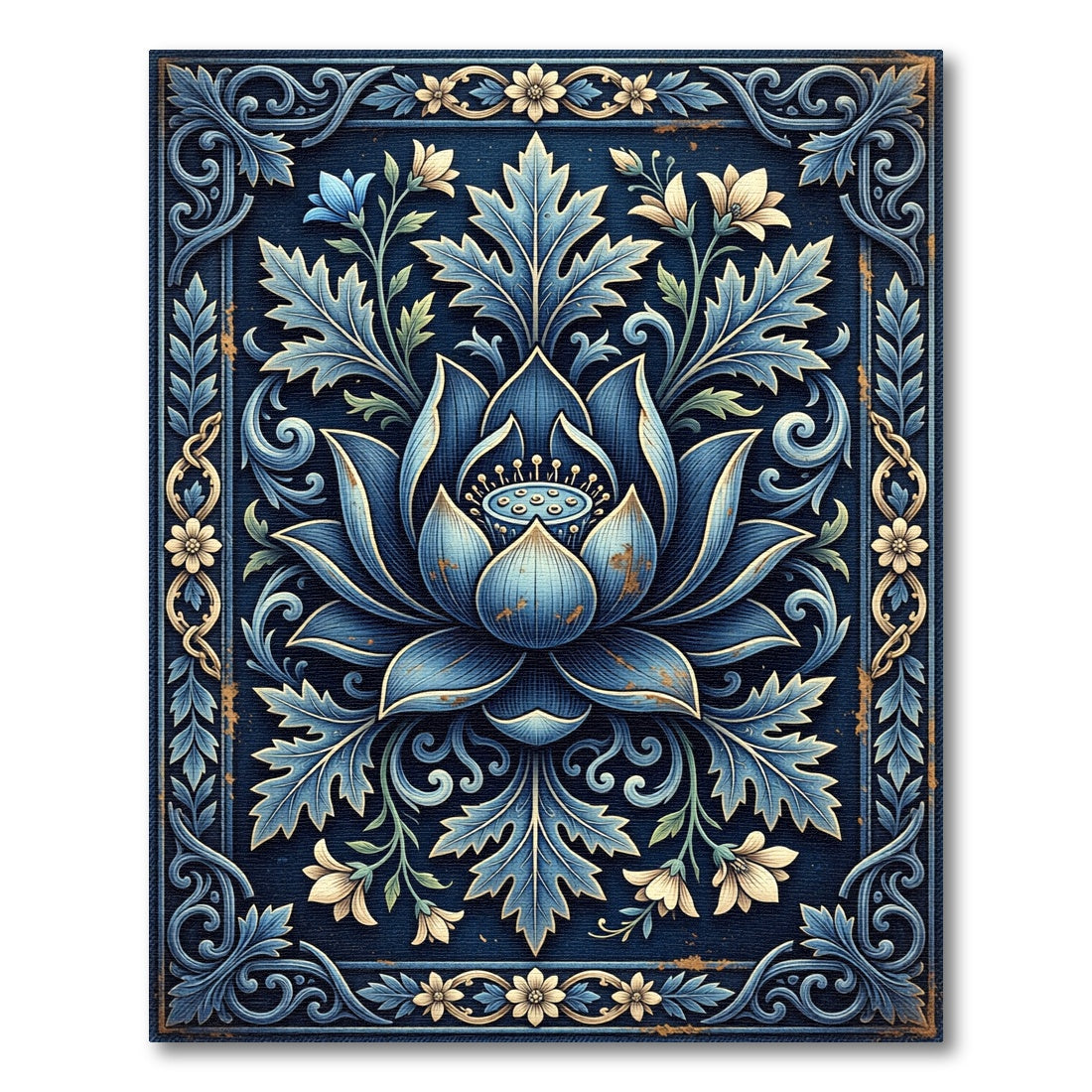 Ornate Navy Lotus Botanical Scroll Rug