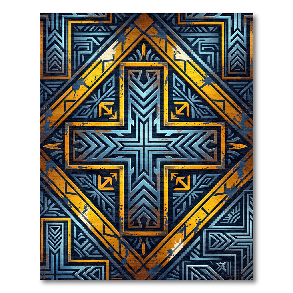 Geometric Deco Cross Gold Blue Grunge Rug