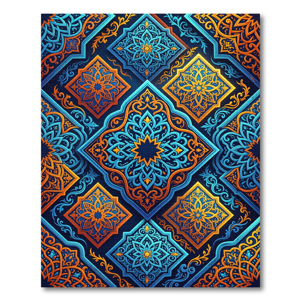 Intricate Blue Orange Geometric Medallion Rug