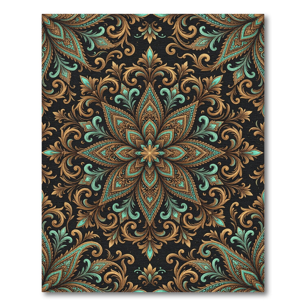 Ornate Teal and Bronze Floral Medallion Rug