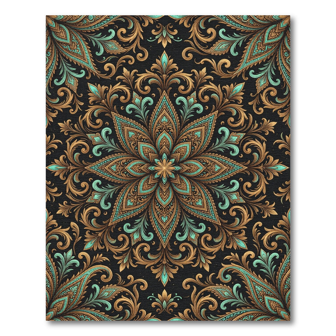 Ornate Teal and Bronze Floral Medallion Rug