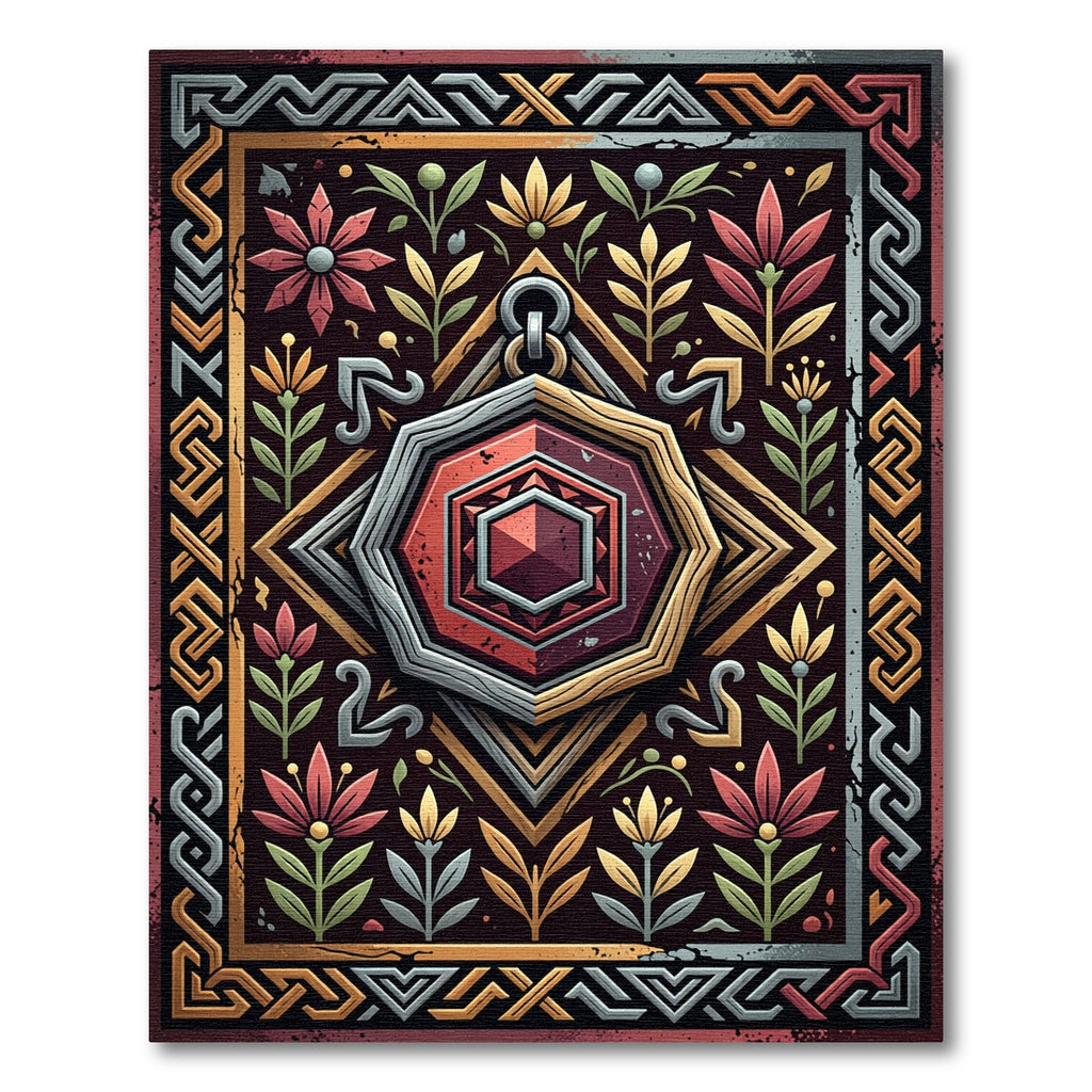 Hexagonal Ruby Gemstone Floral Border Art Rug