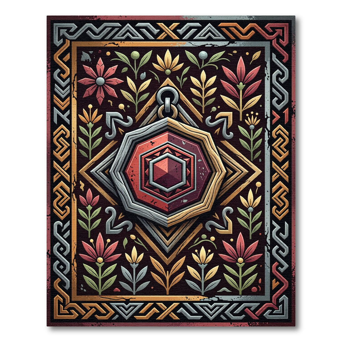 Hexagonal Ruby Gemstone Floral Border Art Rug