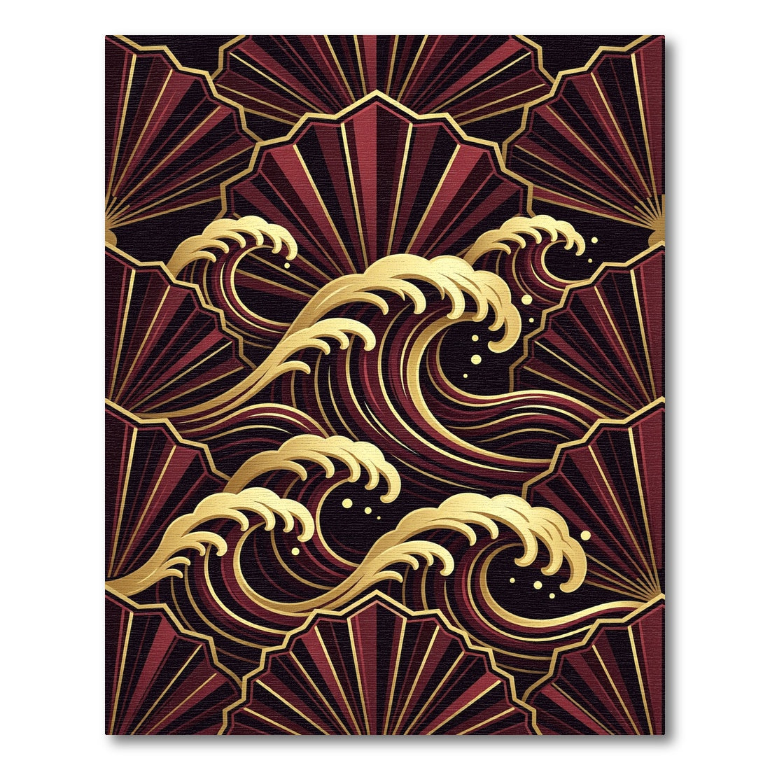 Art Deco Gold Wave Crimson Fan Rug