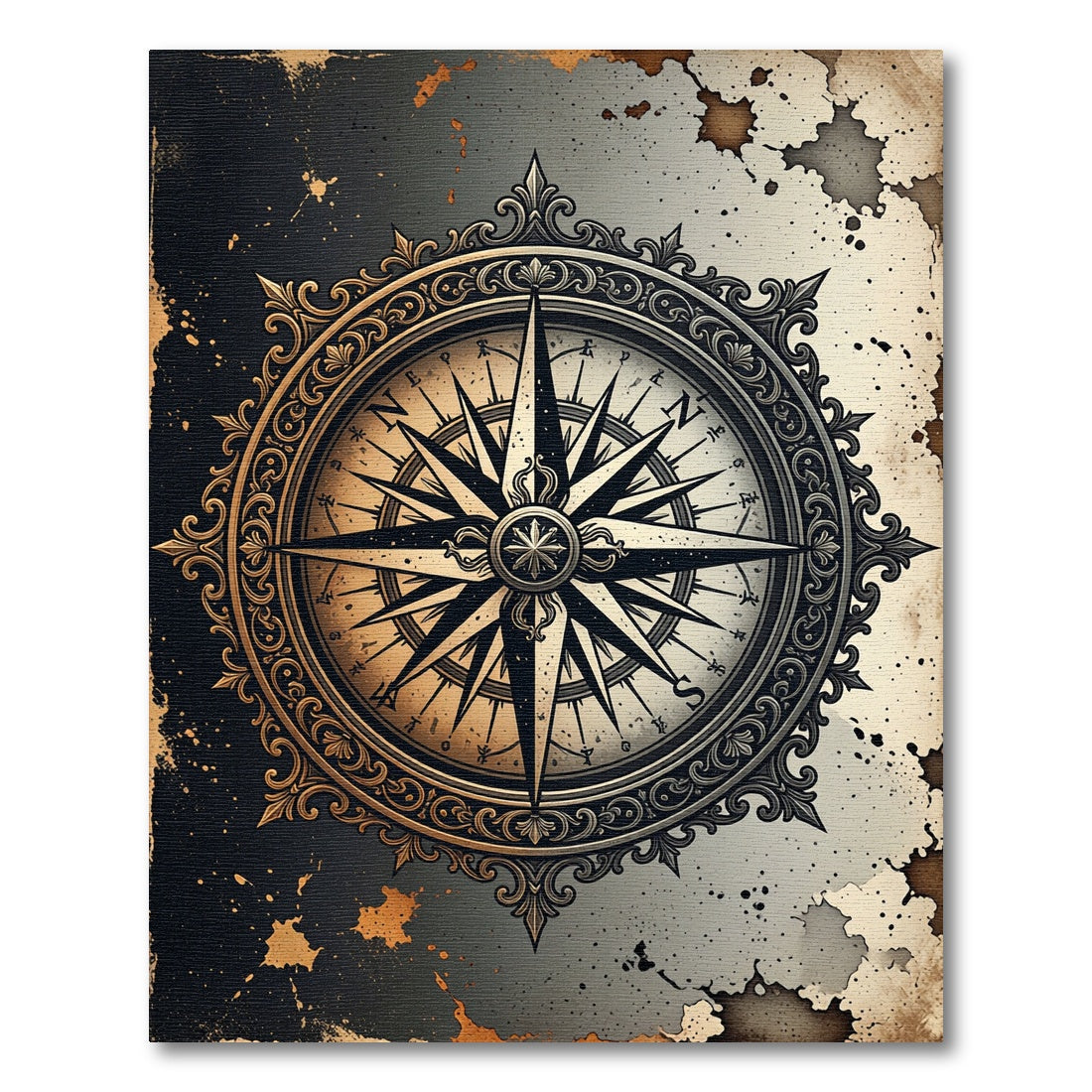 Elegant Gold Compass Nautical Medallion Rug