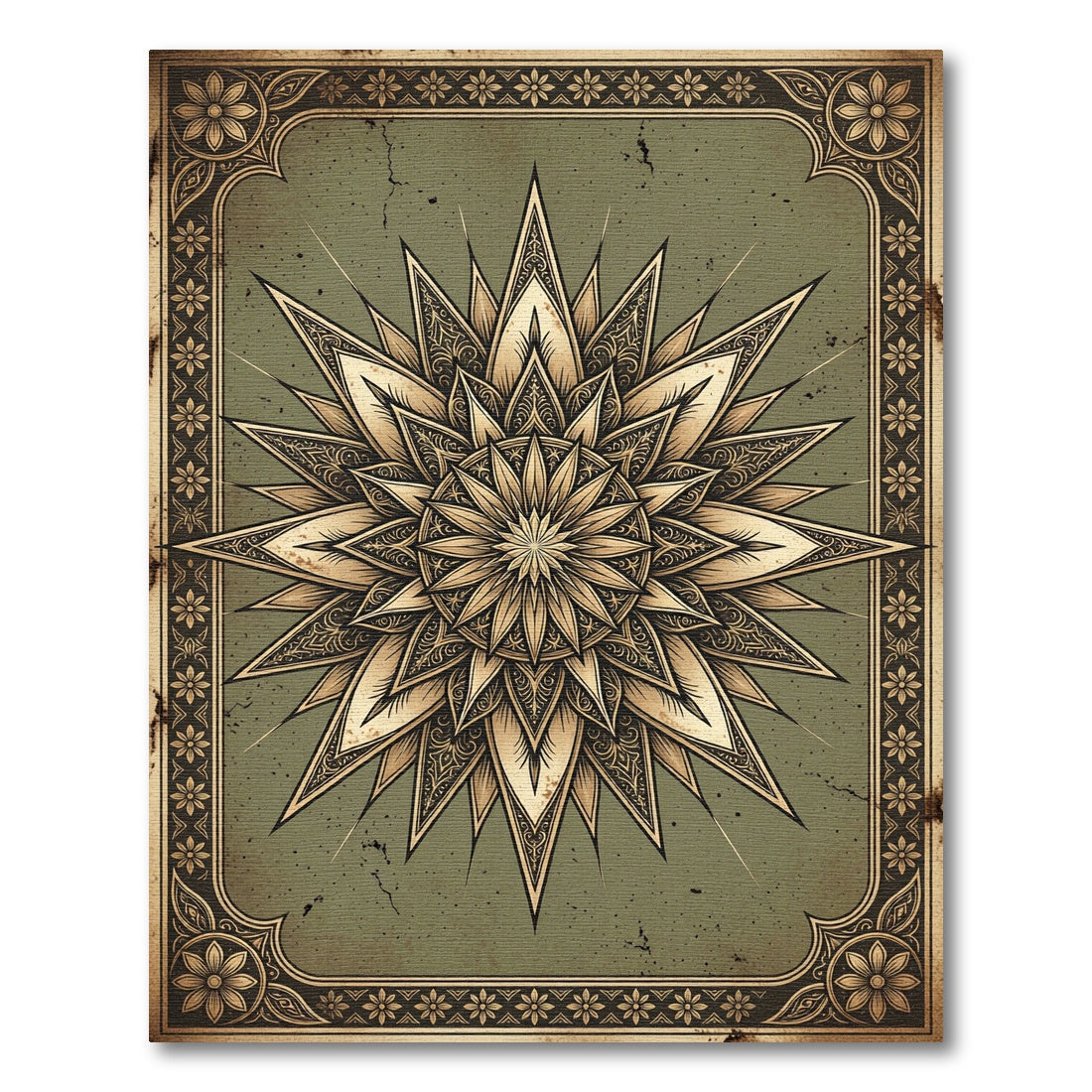 Ornate Sage Green Sunburst Medallion Rug