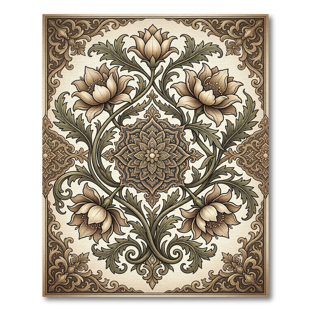 Ornate Beige Floral Scrollwork Rug