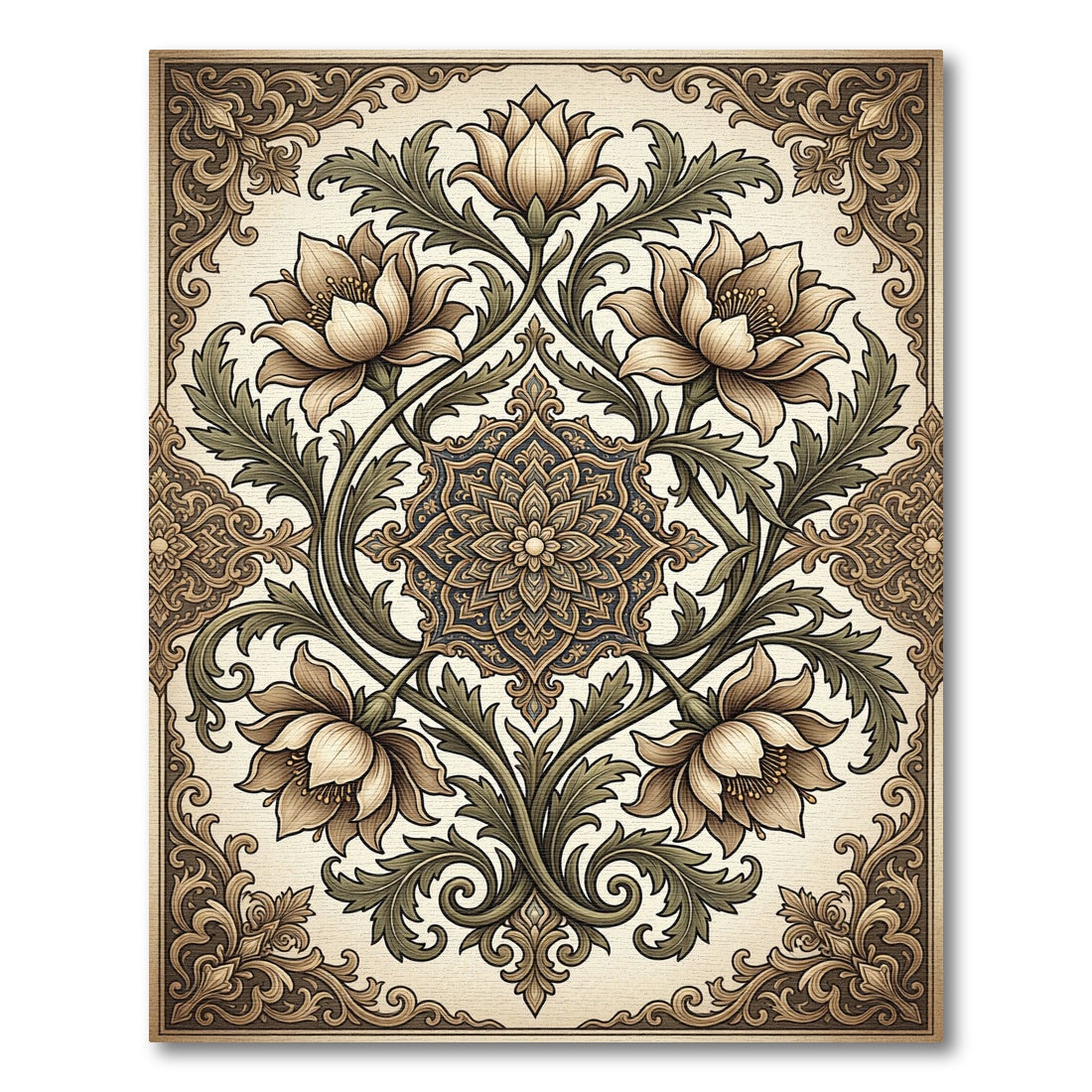 Ornate Beige Floral Scrollwork Rug