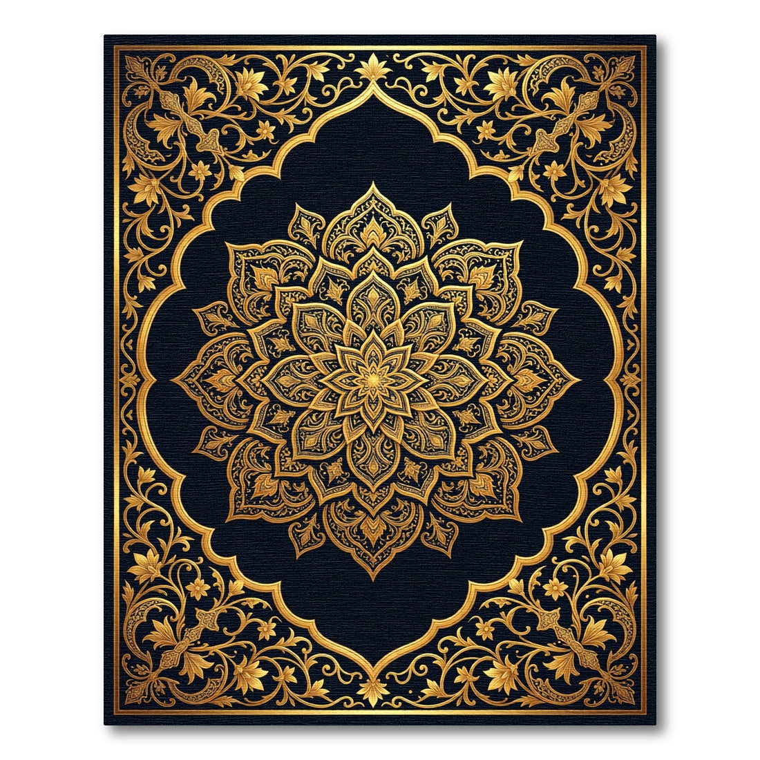 Luxurious Gold Black Ornate Medallion Rug