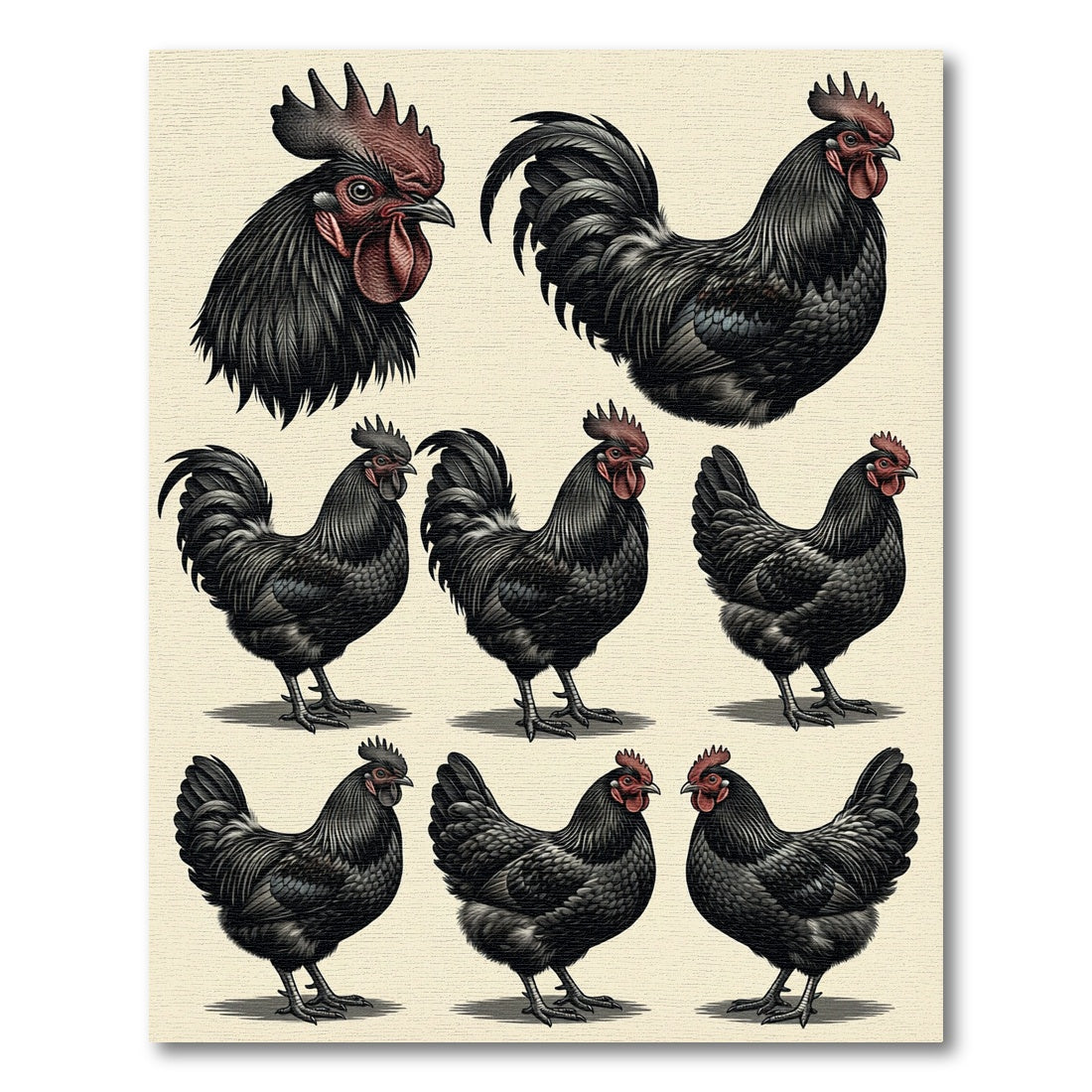 Striking Monochrome Gallus Rooster Assemblage Rug